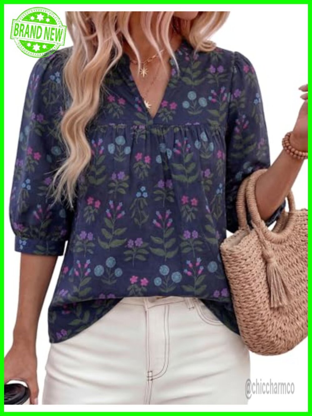 Womens Summer Floral Boho Blouse V-Neck Ruffle Short Sleeve Top